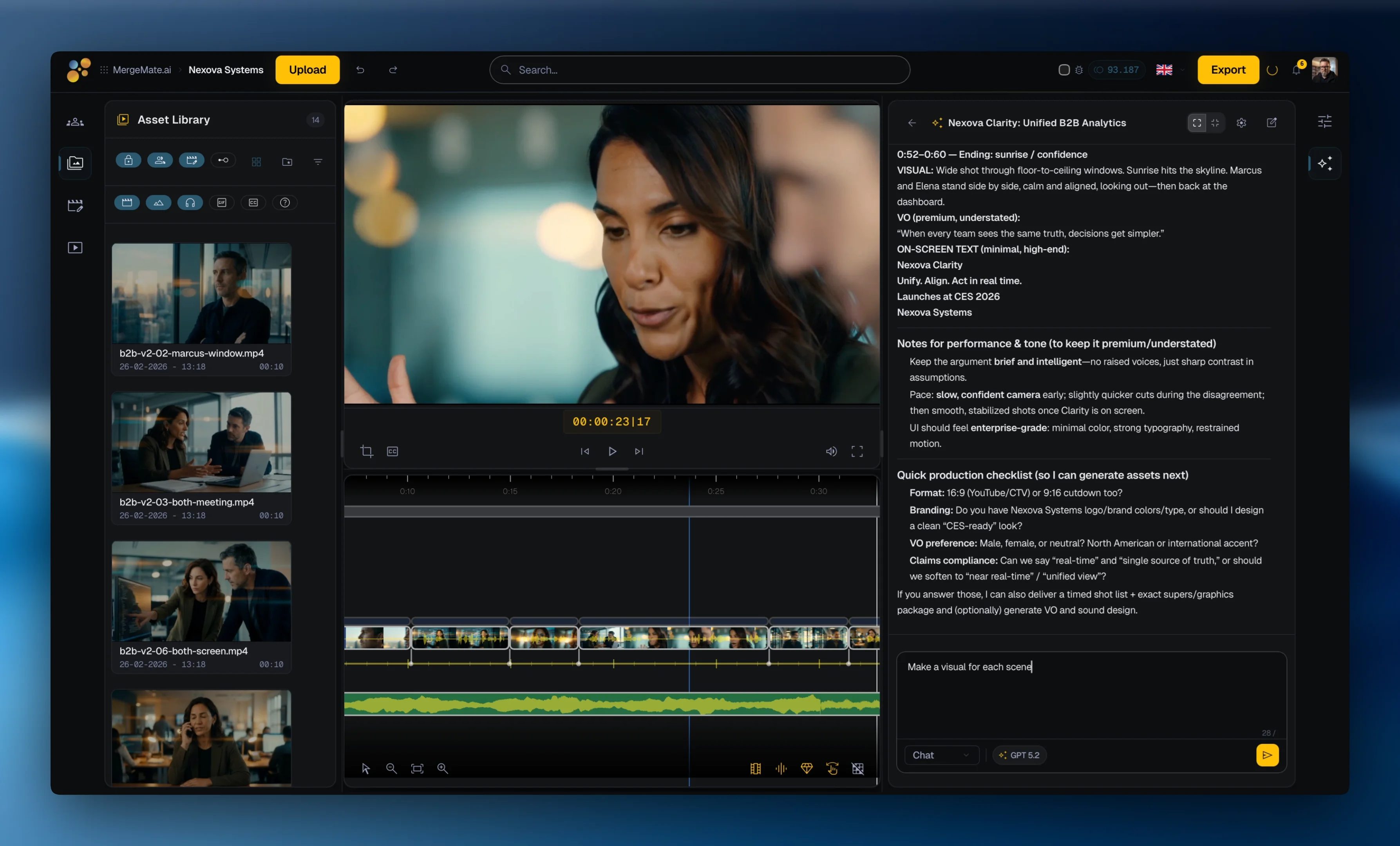 MergeMate.ai chat interface where Mergi routes video production requests to the Video Agent