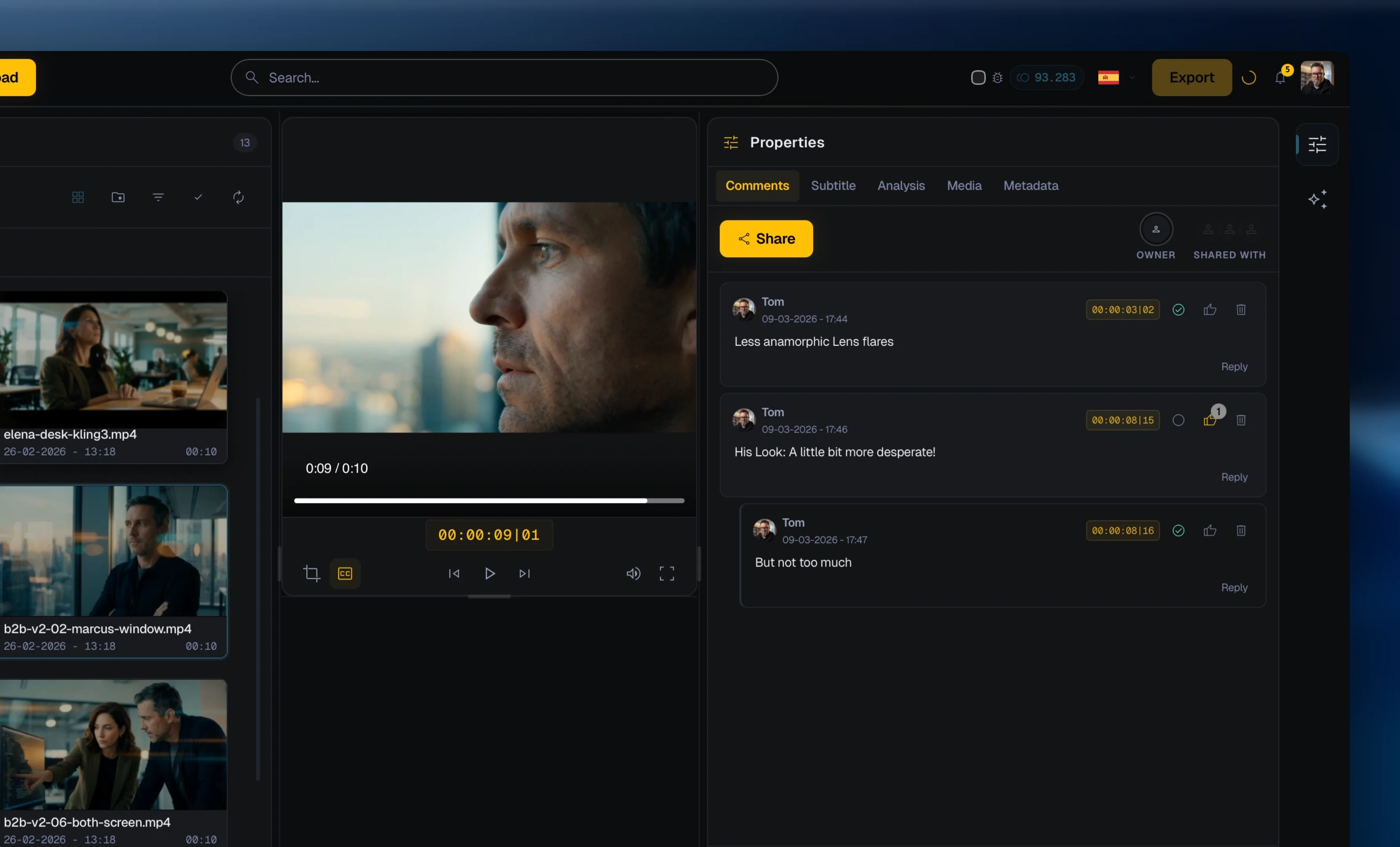 MergeMate.ai review interface with project comments and collaborative video feedback