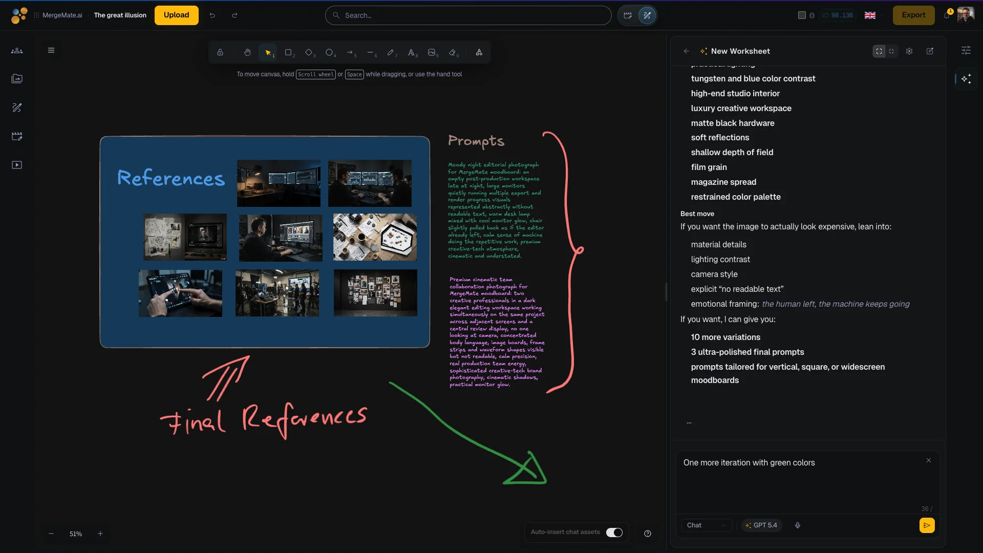 MergeMate Moodboard — visual workspace with references, prompts, and Mergi chat
